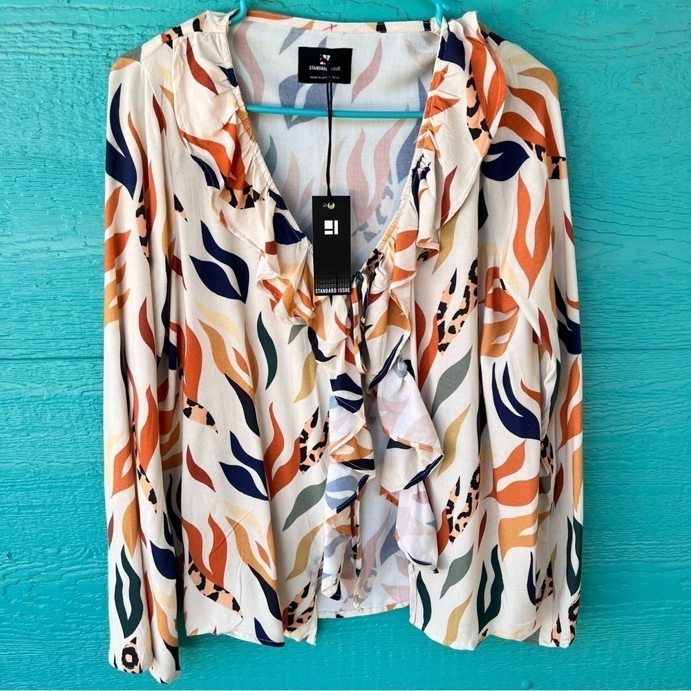 STANDARD ISSUE RUFFLE TIE FRONT SHIRT SAFARI PRINT SIZE MEDIUM NWT